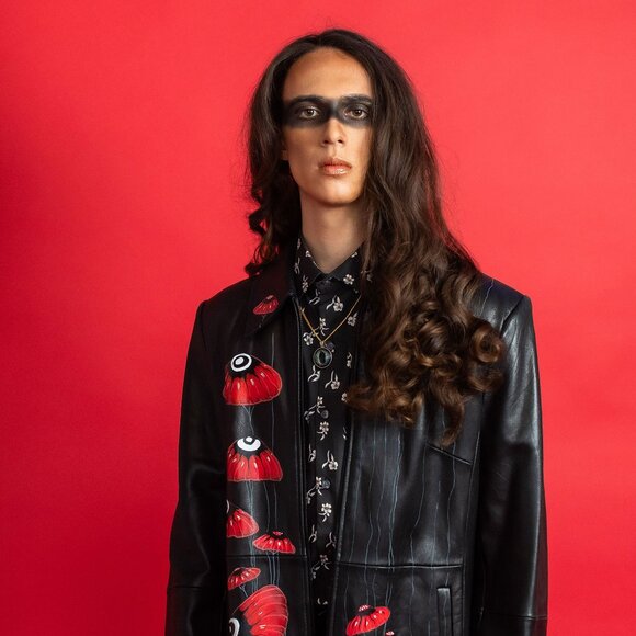 Hand-Painted Upcycled Unique Leather Jacket, "Shroomy," SPARK + REBEL - Size XL - Picture 1 of 11